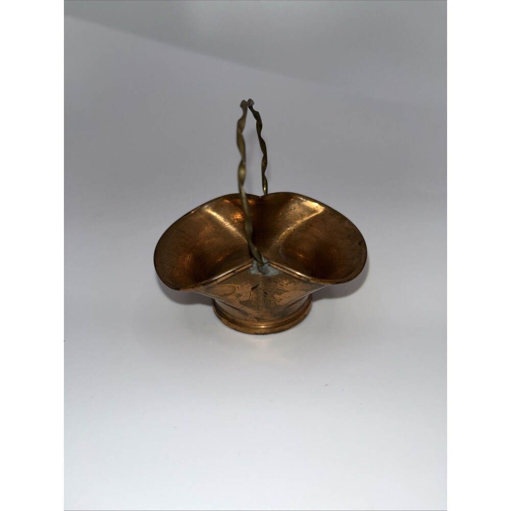 Vintage Brass Bronze Basket w/ Handle Vase Centerpiece Boho Cottagecore Decor